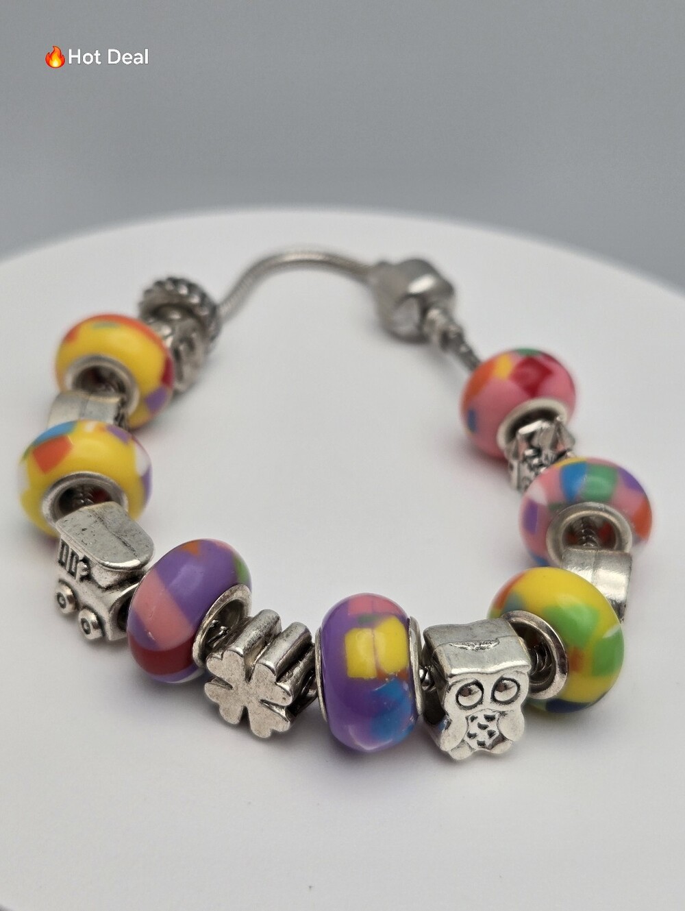 Colorful Charm Bracelet Girl Hope Owl Castle Clover Train 8.5" Pandora Style